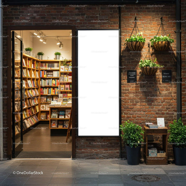 Inviting bookstore entrance with warm modern lighting JPG Mockup Image