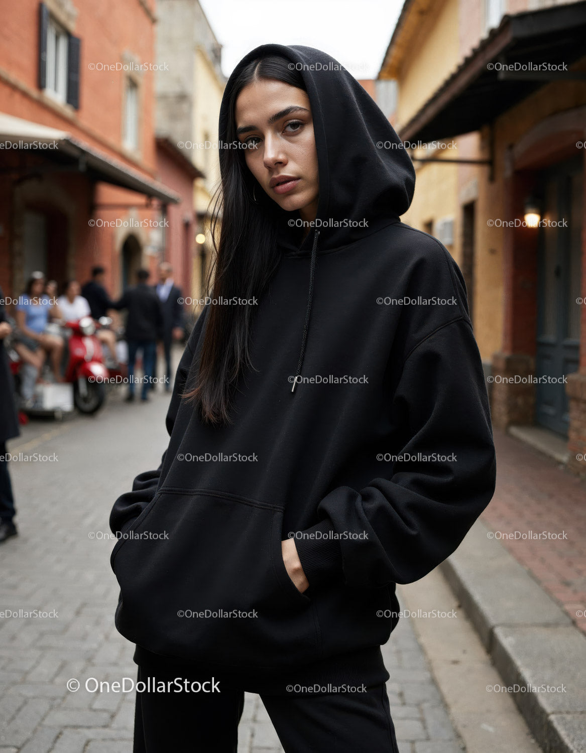 Fashionable Woman Wearing Black Hoodie in Urban City Street