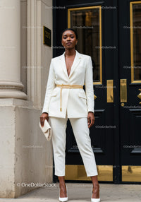 Confident woman in elegant white suit and gold belt