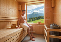 Relaxing Man in Wooden Sauna with Mountain View and Natural Light