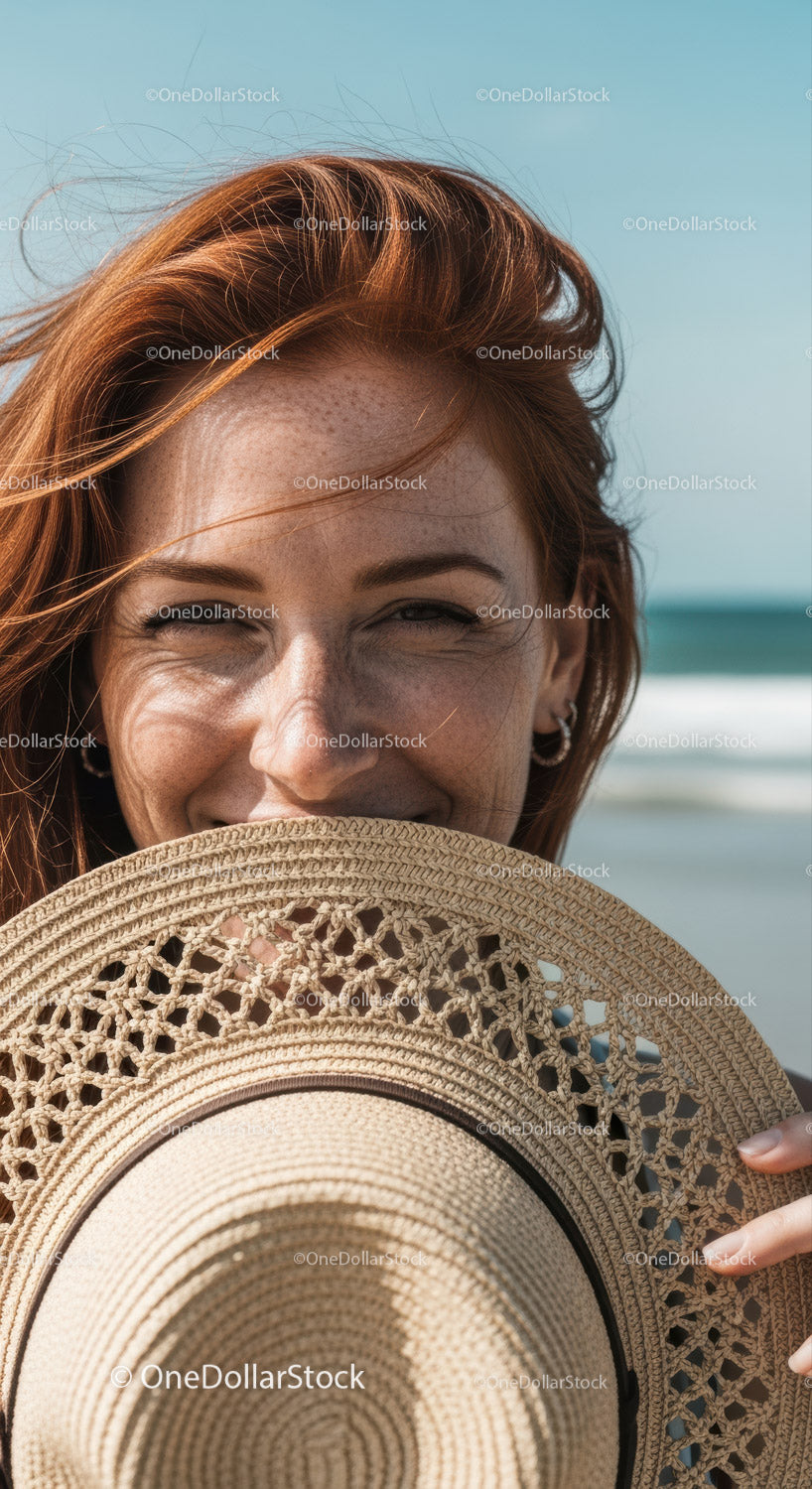 Joyful Woman with Straw Hat at Beach on Sunny Summer Day