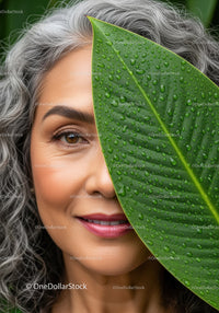 Elegant Elderly Woman with Water-Dropped Green Leaf in Nature