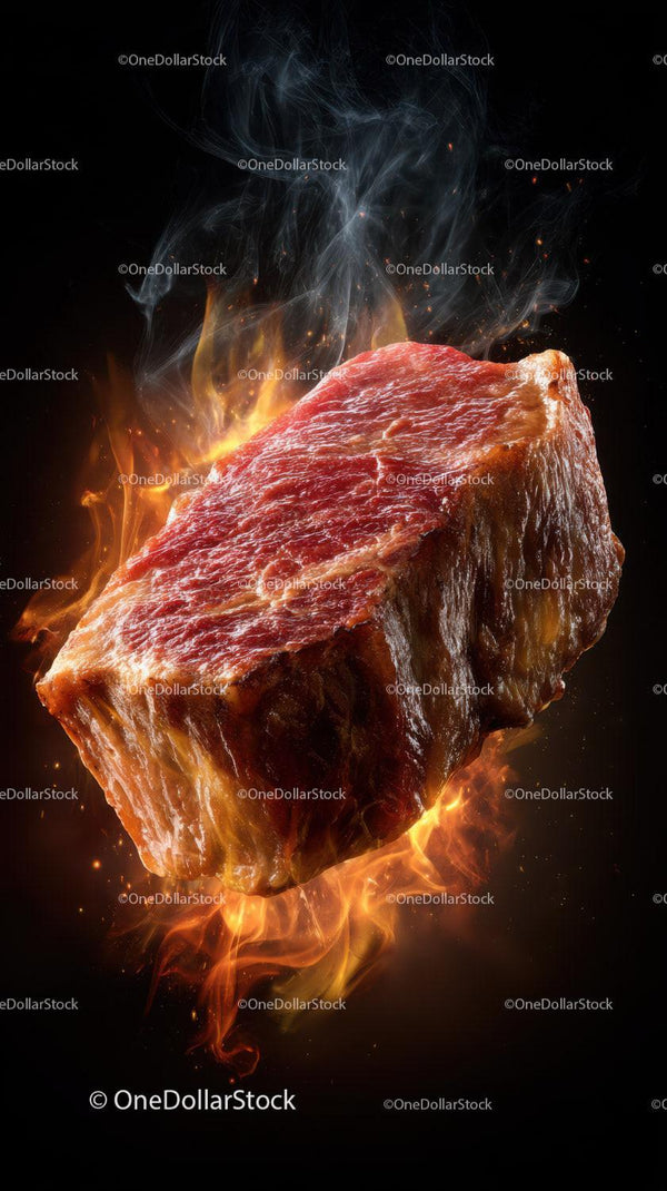Raw Beef Steak on Fire with Flames and Smoke