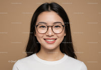 Portrait of a Happy Woman Wearing Black Round Glasses Against Beige Background