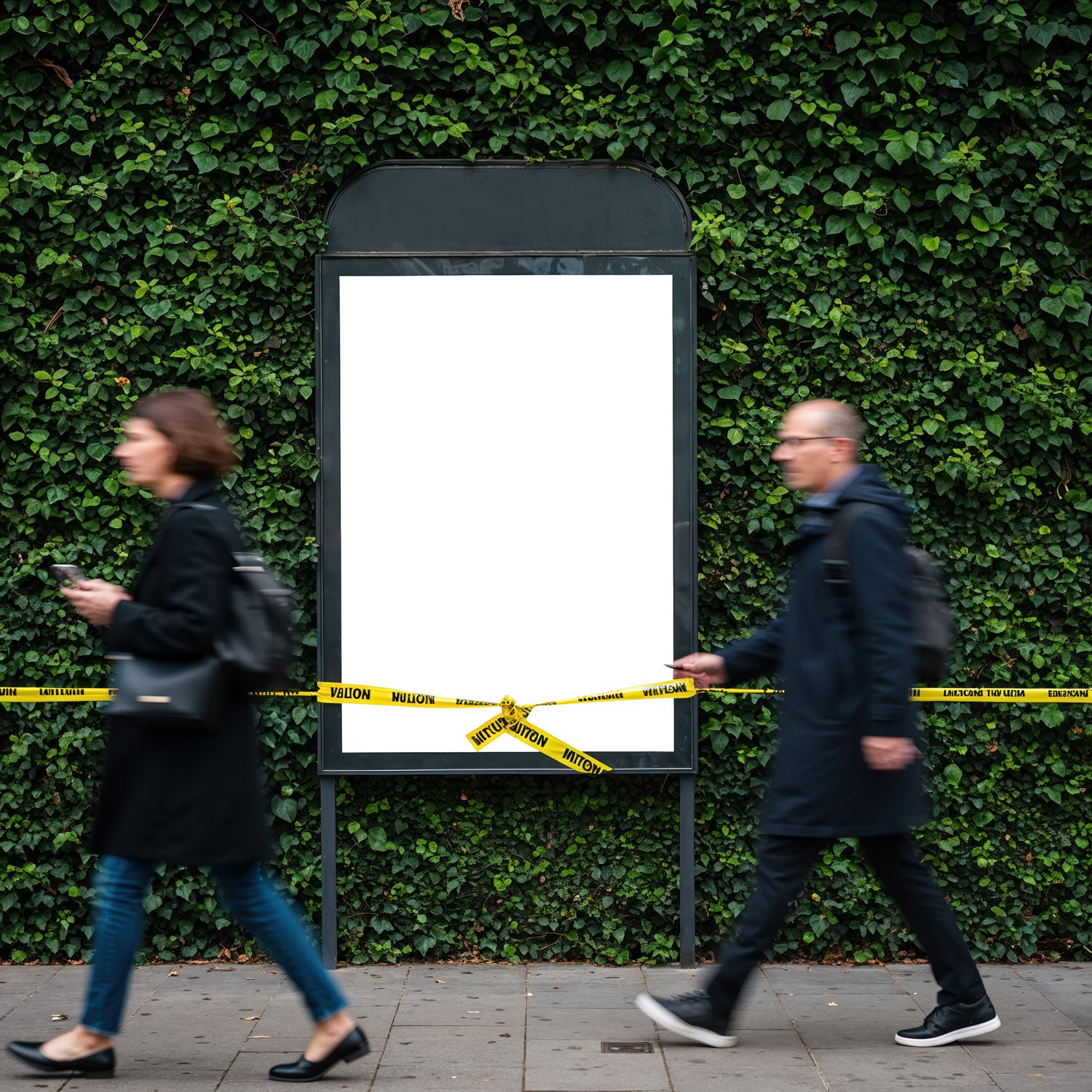 Blurred pedestrians pass blank billboard with caution tape