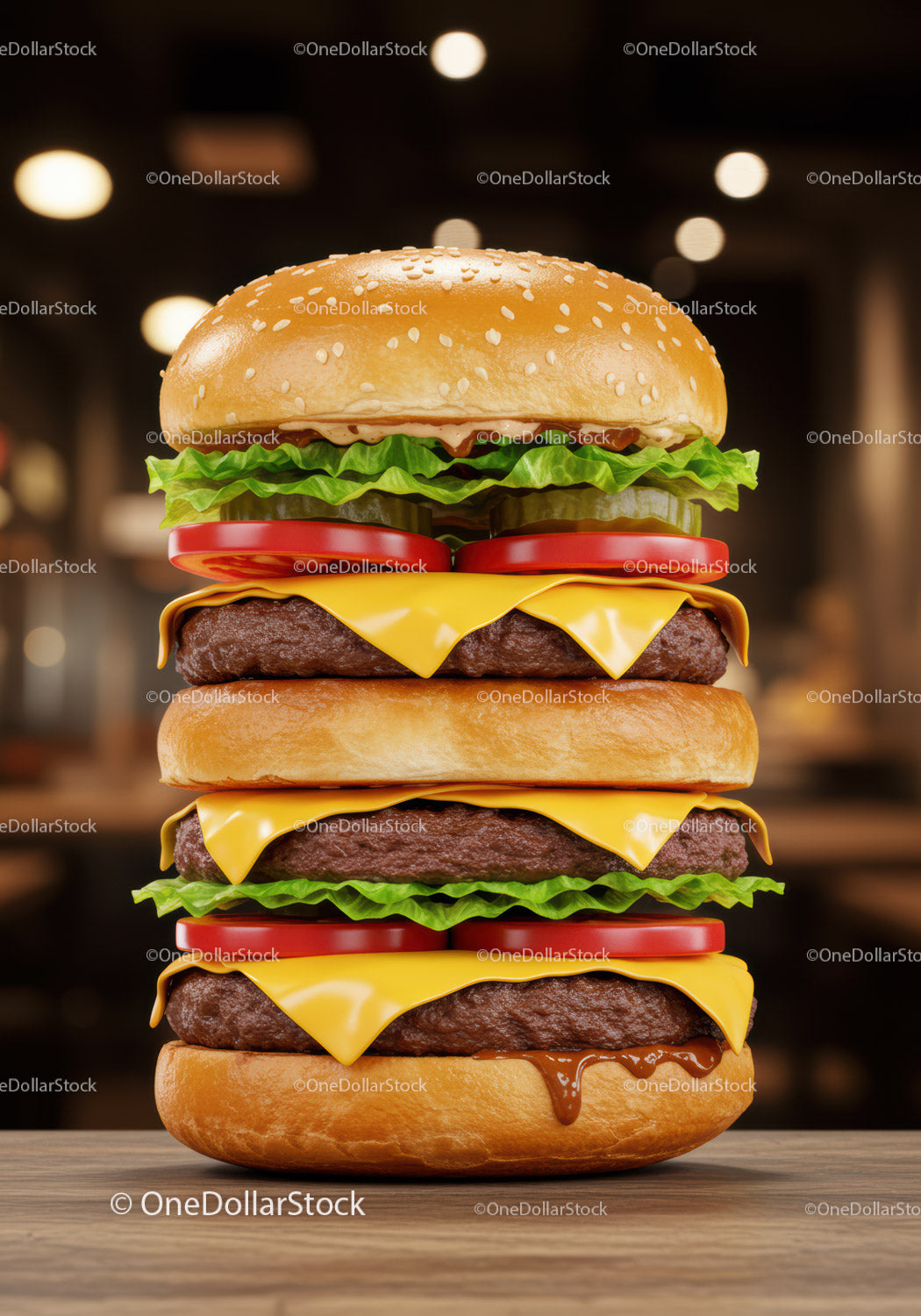 Potrójny cheeseburger ze świeżą sałatą i plasterkami pomidora