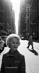 Elegant Elderly Woman in Business Attire Walking in City Street Scene
