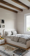 Modern minimalist bedroom with wooden beams and cozy decor