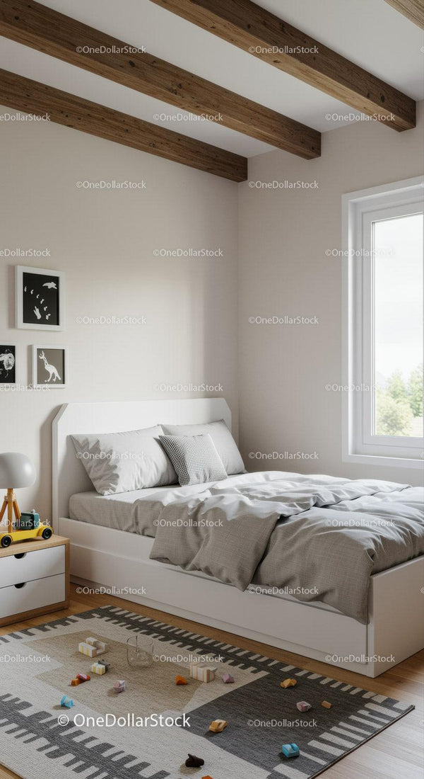 Modern minimalist bedroom with wooden beams and cozy decor