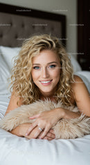 Smiling woman with curly hair relaxing on bed