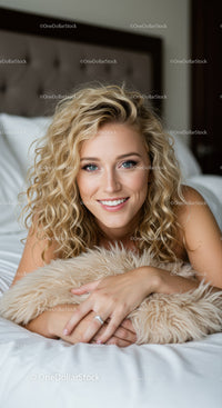 Smiling woman with curly hair relaxing on bed