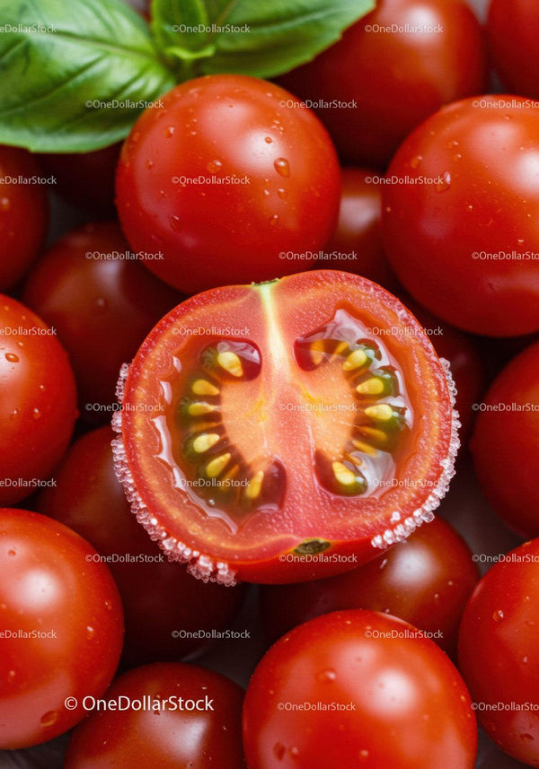 Fresh cherry tomatoes with basil leaves closeup shot