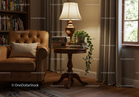 Cozy Armchair Corner with Books and Warm Lamp Light