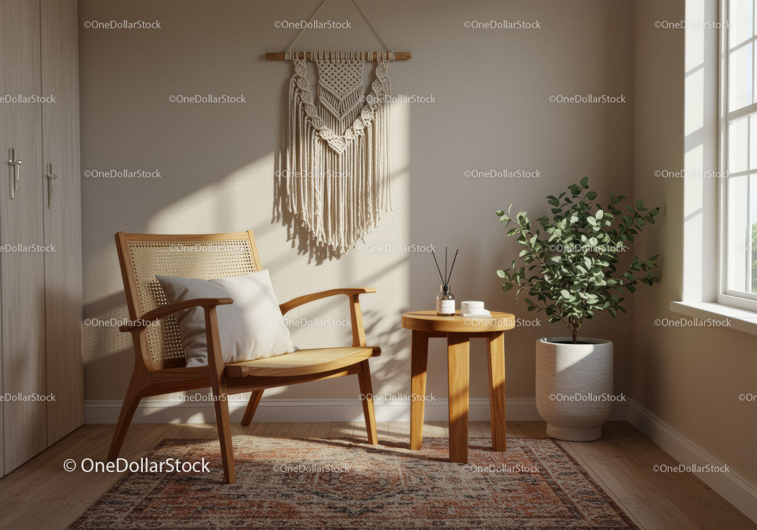 Cozy sunlit corner with wooden chair and indoor plant