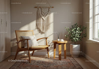 Cozy sunlit corner with wooden chair and indoor plant