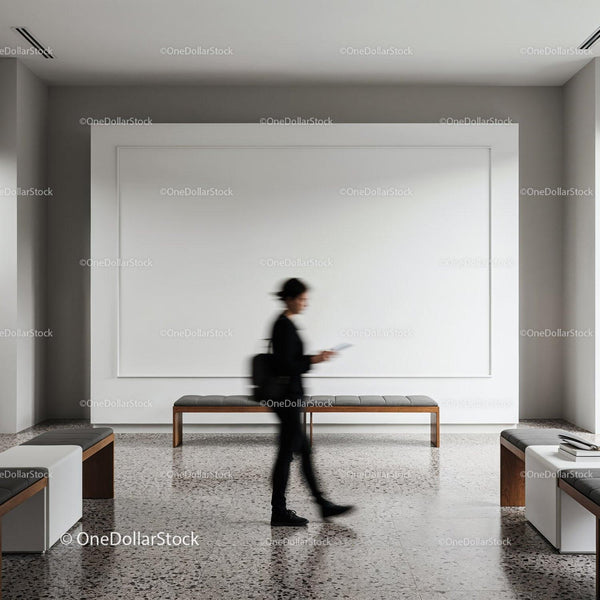 Person Walking Through Minimalist Modern Lobby JPG Mockup Image