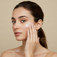Young woman applying moisturizer on her face in skincare routine