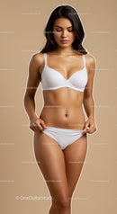 Elegant Woman in White Lingerie Standing Pose with Neutral Background