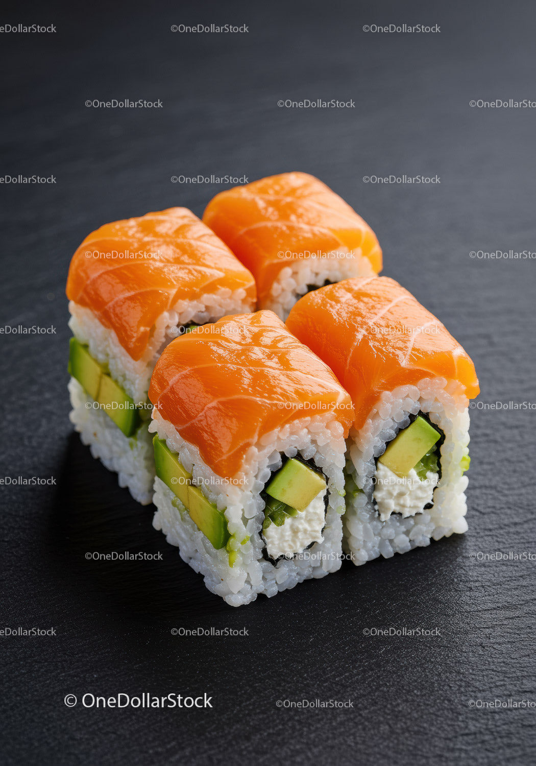 Fresh salmon avocado sushi rolls with cream cheese