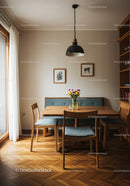 Cozy dining area with wooden furniture and natural light