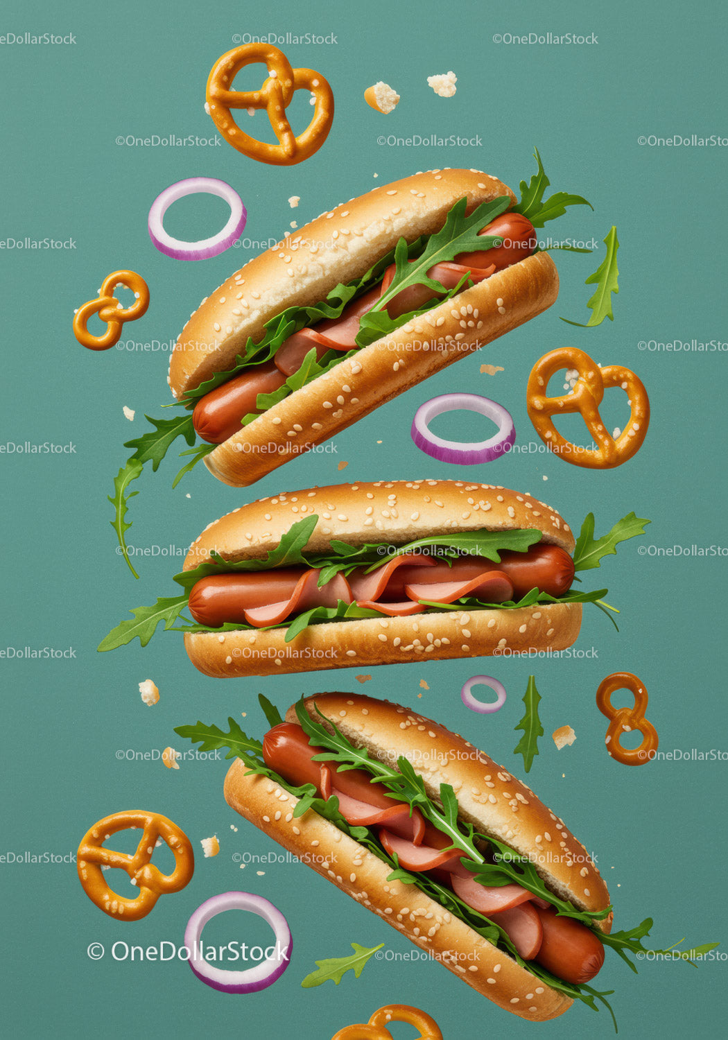 Three appetizing hot dogs with greens and pretzels