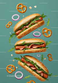 Three appetizing hot dogs with greens and pretzels