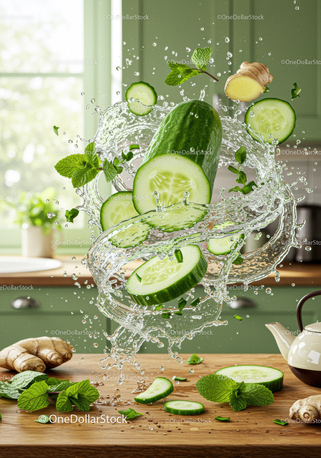 Fresh cucumber slices with ginger and mint splash