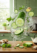 Fresh cucumber slices with ginger and mint splash
