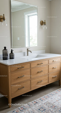 Bright Modern Bathroom with Wooden Vanity and Large Mirror