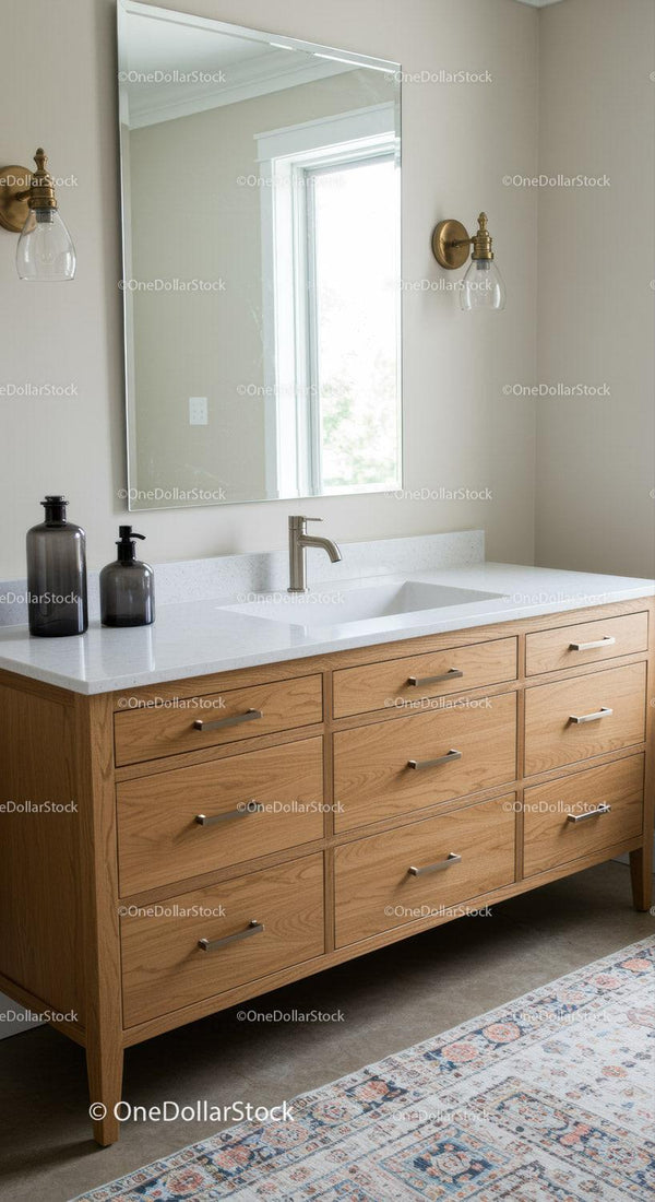 Bright Modern Bathroom with Wooden Vanity and Large Mirror