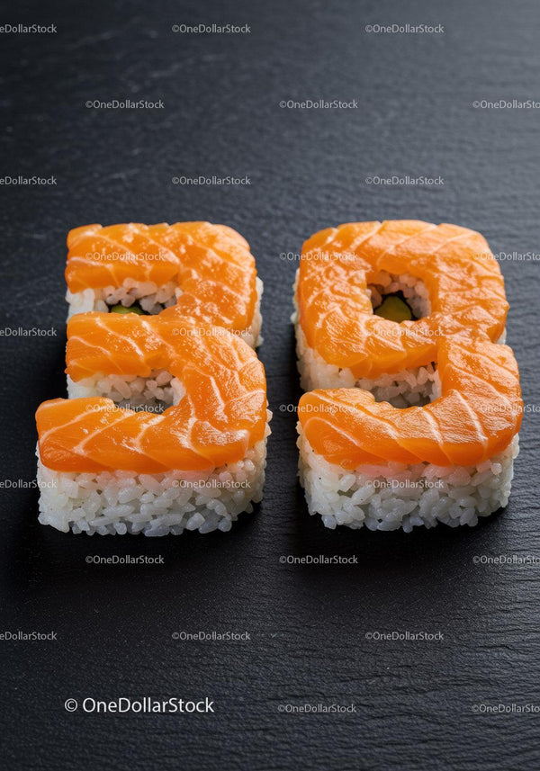 Kawałki sushi ułożone w kształt liczby trzydzieści osiem na czarnym kamieniu