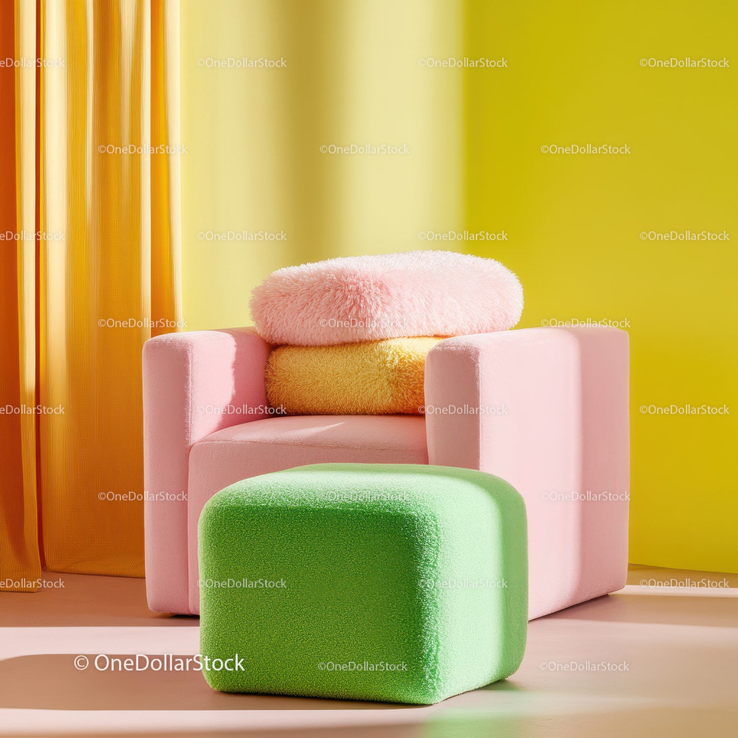 Bright Pink Armchair with Lime Green Cushion and Yellow Ottoman in Modern Living Room