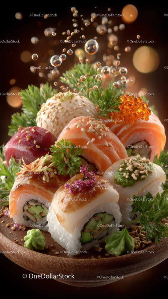 Colorful Sushi Platter with Salmon, Avocado and Sesame Seeds