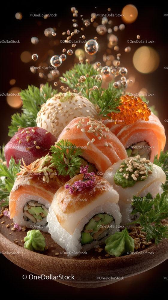 Colorful Sushi Platter with Salmon, Avocado and Sesame Seeds