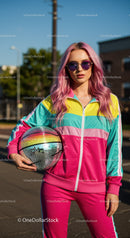 Vibrant Young Woman in Colorful Tracksuit with Disco Ball in Urban Setting