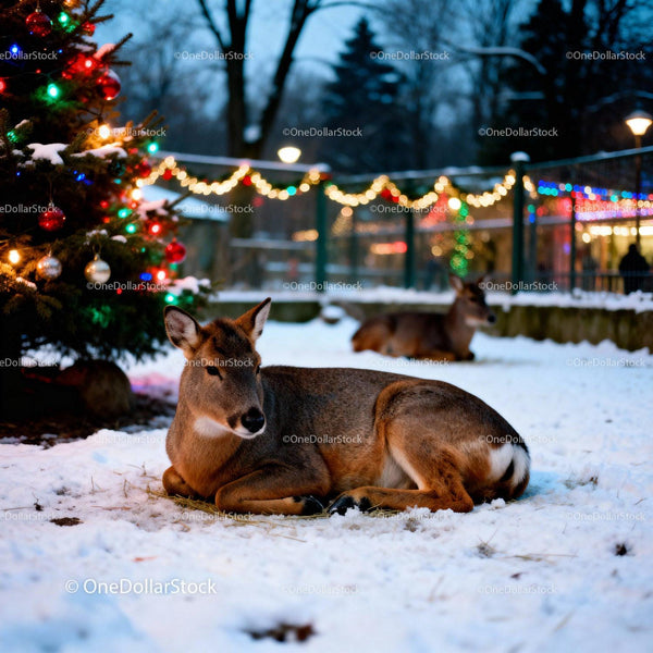 Resting deer near decorated Christmas tree in snowy park