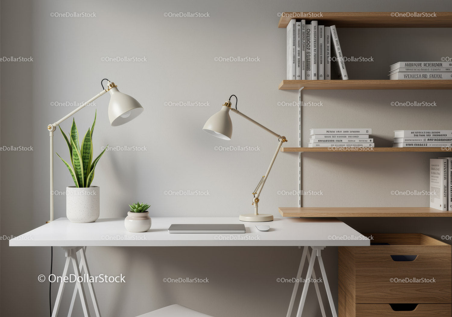 Nowoczesne, minimalistyczne biurko z roślinami i drewnianymi półkami