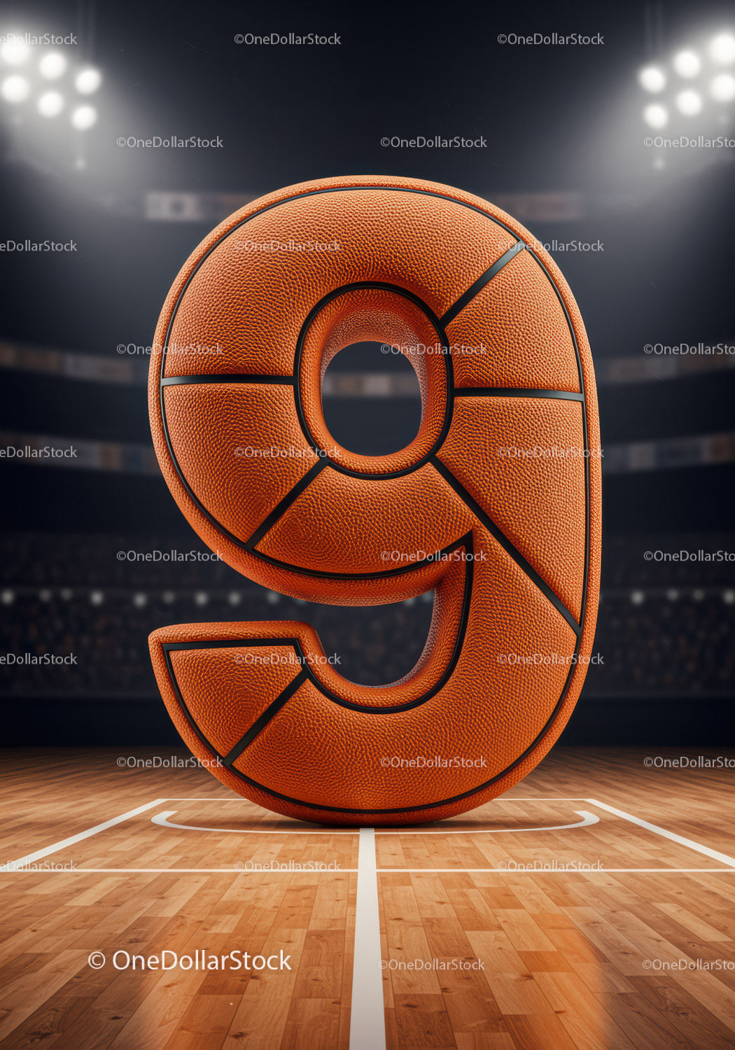 Basketball Styled Number Nine on Court Floor
