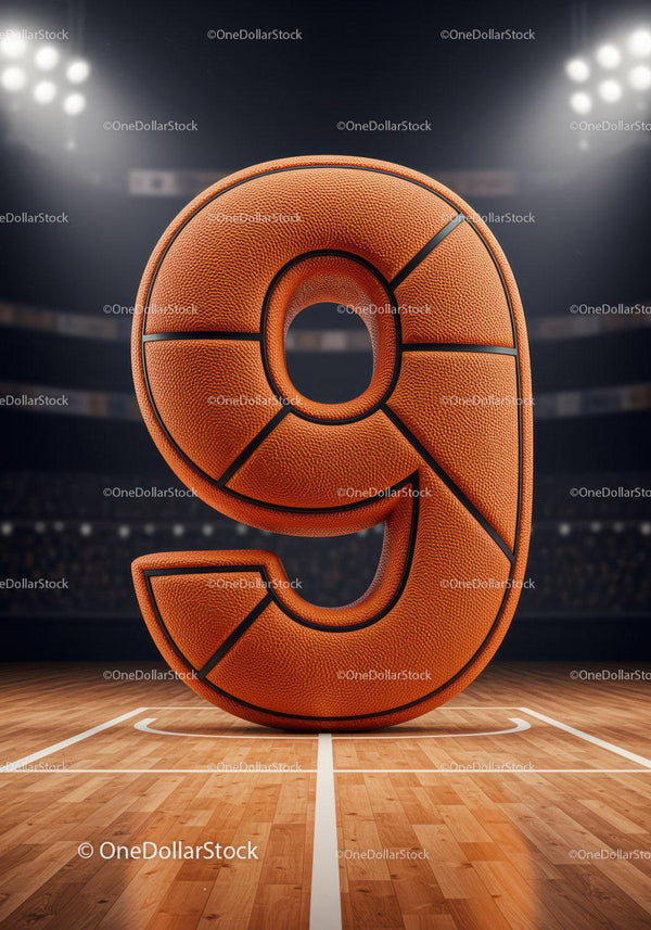 Basketball Styled Number Nine on Court Floor