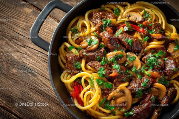 Hearty Beef and Mushroom Pasta with Red Peppers and Parsley