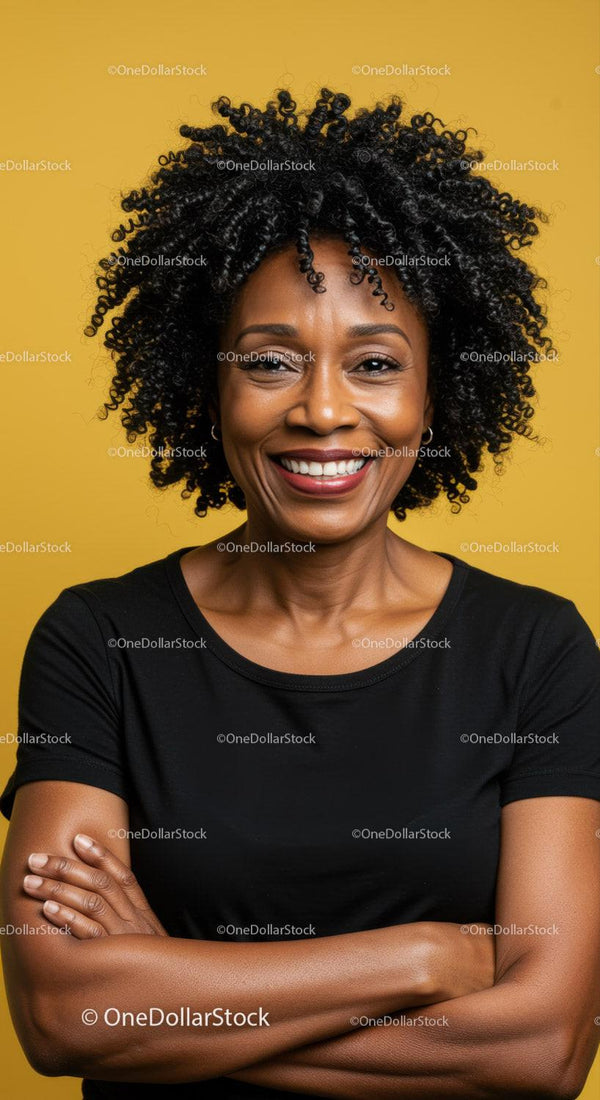 Confident Smiling African American Woman with Curly Hair Studio Portrait