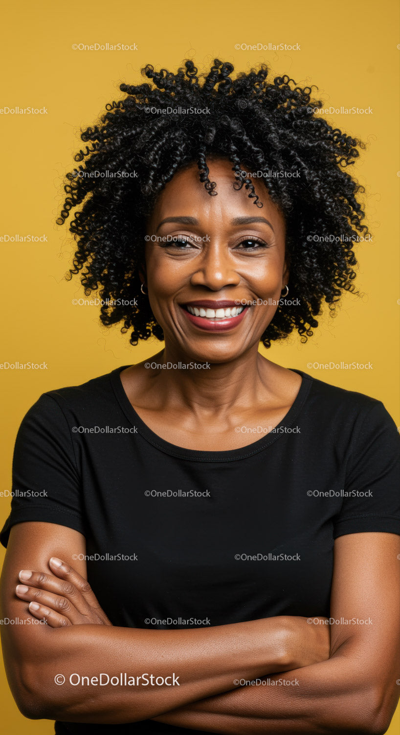 Confident Smiling African American Woman with Curly Hair Studio Portrait