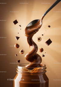Chocolate hazelnut spread twisting off a spoon