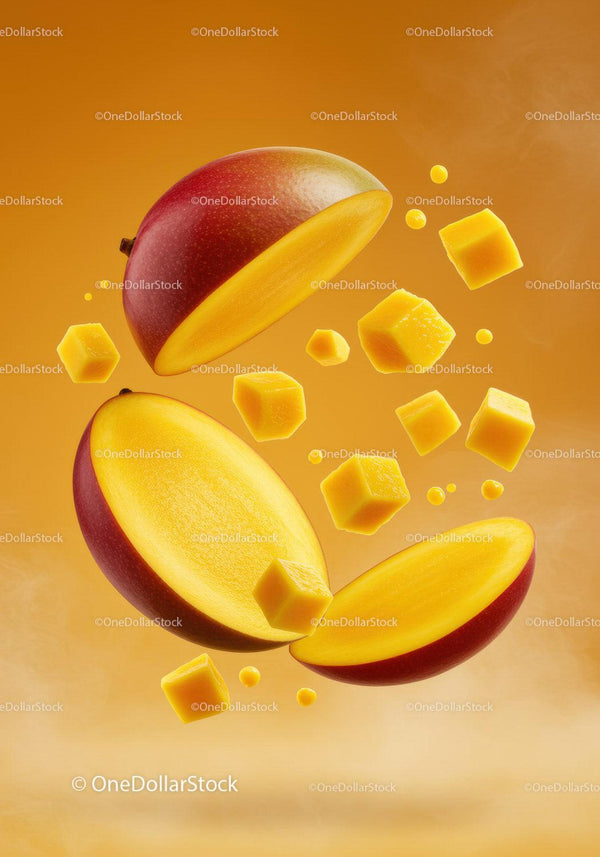 Fresh mango slices and cubes floating on yellow background