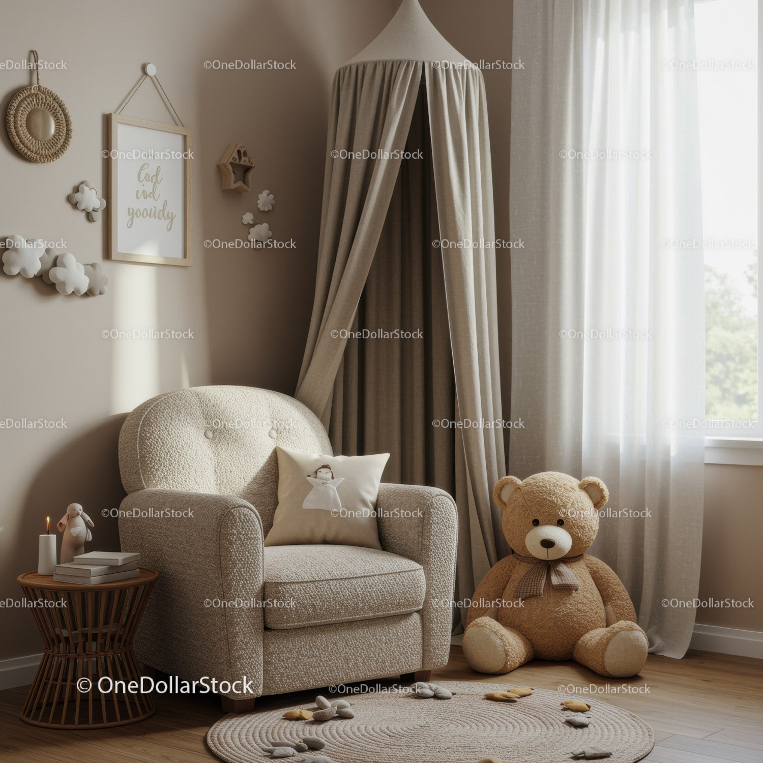 Cozy nursery corner with plush chair and large teddy bear