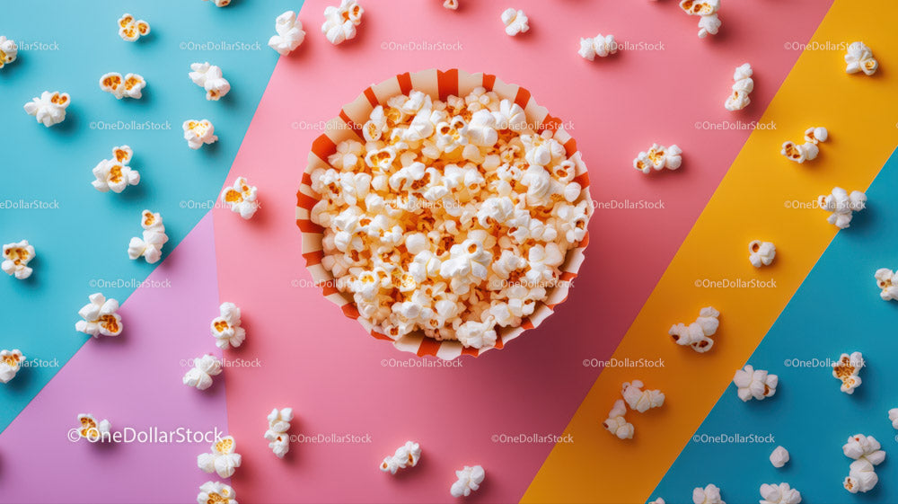 Popcorn w pasiastej misce na kolorowym geometrycznym tle
