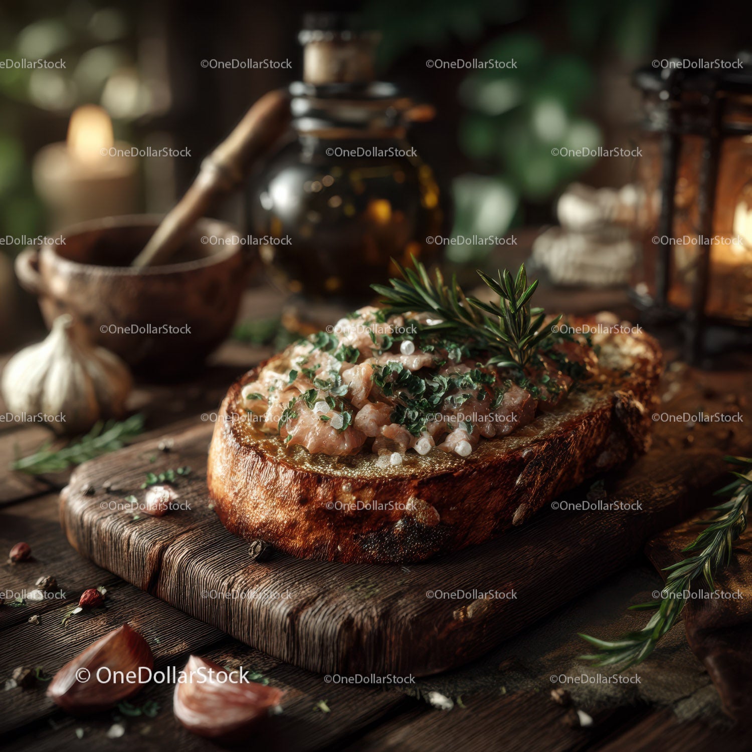 Gourmet Pâté on Toasted Bread with Fresh Herbs and Garlic Cloves