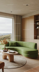 Modern living room with curved green sofa and natural light