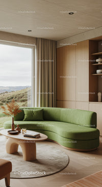 Modern living room with curved green sofa and natural light