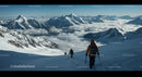 Majestic Snow-Covered Mountain Range with Hikers in Cold Climate